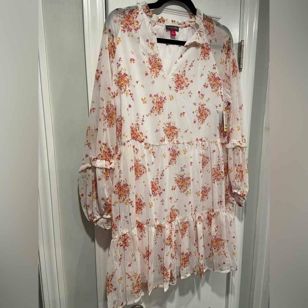 NWT Vince Camuto Size M White Floral Ruffle Flowy Long Sleeve Sheer Mini Dress - Picture 4 of 14